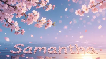 Samantha horizontal diseño 9 - Composición serena y onírica con ramas de cerezo en flor (sakura) en la parte superior contra un cielo en degradado de azul suave y lila. Pétalos de color rosa pastel flotan delicadamente en el aire cayendo hacia una superficie de agua tranquila y cristalina. En el centro inferior, el nombre está formado por pétalos de flores con un sutil efecto de relieve 3D y tipografía floral, reflejándose sobre el agua que está iluminada por un cálido destello dorado de luz solar en la esquina inferior derecha.