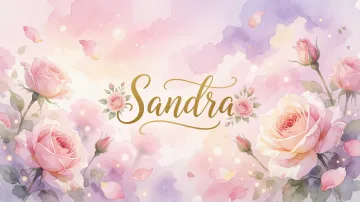 Sandra horizontal diseño 10 - Diseño estilo acuarela con un fondo etéreo y texturizado en nubes de tonos rosa pastel y lila suave. Presenta composiciones de rosas abiertas y capullos en los bordes inferior y superior, con pétalos cayendo delicadamente. Incorpora destellos de luz cálida (efecto bokeh) y, en el centro, resalta una tipografía elegante, cursiva y fluida en color dorado.