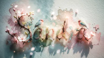 Sandra horizontal diseño 11 - Un delicado diseño de estilo acuarela digital que combina una tipografía de caligrafía personalizada para el nombre en tonos dorados y rosados suaves, adornada con pequeñas hojas y brotes. Un pajarito azul y naranja vibrante está posado en una de las letras. Todo está rodeado por un marco circular de ramas de cerezo en flor con delicadas flores rosadas y blancas. El fondo es un lavado de acuarela difuminado en tonos pastel suaves de azul cerceta, rosa rubor y melocotón sobre una textura de papel rugoso, con destellos luminosos y motas de luz bokeh flotando alrededor, creando una atmósfera mágica y soñadora. Las sombras suaves proyectadas añaden profundidad.