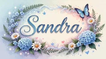 Sandra horizontal diseño 4 - Composición magica con nombre en letra cursiva azul, rodeado de hortensias azules, margaritas blancas y delicadas flores silvestres, enmarcado por suaves remolinos de agua, mariposas azules y destellos estelares sobre un fondo etéreo y romántico.