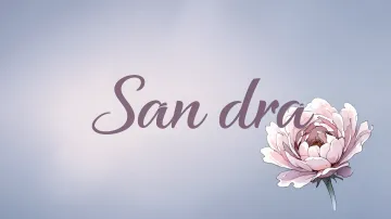 Sandra horizontal diseño 5 - Nombre en elegante tipografía cursiva caligráfica en tono lavanda, sobre fondo acuarela de cielo nublado en tonos pastel (azul, blanco, lavanda), decorado con rosa en acuarela de pétalos rosa pálido, blanco crema y lilas suaves con hojas en gris-verde.