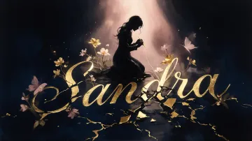 Sandra horizontal diseño 6 - Composición de ilustración semirrealista cinematográfica con silueta femenina tejiendo un hilo dorado de luz sobre un suelo oscuro fracturado al estilo Kintsugi, donde el nombre resalta en un prominente guión caligráfico dorado que emerge de las grietas, rodeado de flores blancas, mariposas y un fondo degradado de azules profundos iluminado por una luz celestial en tonos melocotón y crema, con una frase de aliento en tipografía blanca en la parte inferior.