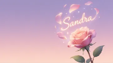Sandra horizontal diseño 8 - Fondo de Pantalla con degradado suave que transiciona de lila en la parte superior a melocotón y rosa pastel en la base, destacando una rosa rosada hiperrealista con tallo y hojas verdes. El nombre brilla en tipografía cursiva con efecto neón cálido, adornado con pétalos cayendo y chispas de luz mágica.