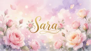 Sara horizontal diseño 10 - Diseño estilo acuarela con un fondo etéreo y texturizado en nubes de tonos rosa pastel y lila suave. Presenta composiciones de rosas abiertas y capullos en los bordes inferior y superior, con pétalos cayendo delicadamente. Incorpora destellos de luz cálida (efecto bokeh) y, en el centro, resalta una tipografía elegante, cursiva y fluida en color dorado.