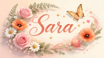 Sara horizontal diseño 3 - Elegante composición de rosas rosadas y amapolas naranjas con mariposas doradas brillantes sobre un fondo cálido, romántico y mágico.