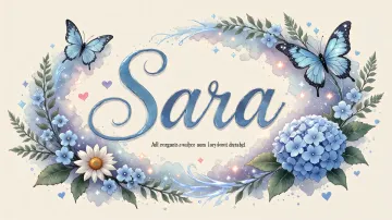 Sara horizontal diseño 4 - Composición magica con nombre en letra cursiva azul, rodeado de hortensias azules, margaritas blancas y delicadas flores silvestres, enmarcado por suaves remolinos de agua, mariposas azules y destellos estelares sobre un fondo etéreo y romántico.