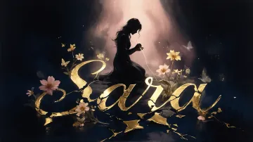 Sara horizontal diseño 6 - Composición de ilustración semirrealista cinematográfica con silueta femenina tejiendo un hilo dorado de luz sobre un suelo oscuro fracturado al estilo Kintsugi, donde el nombre resalta en un prominente guión caligráfico dorado que emerge de las grietas, rodeado de flores blancas, mariposas y un fondo degradado de azules profundos iluminado por una luz celestial en tonos melocotón y crema, con una frase de aliento en tipografía blanca en la parte inferior.