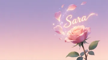 Sara horizontal diseño 8 - Fondo de Pantalla con degradado suave que transiciona de lila en la parte superior a melocotón y rosa pastel en la base, destacando una rosa rosada hiperrealista con tallo y hojas verdes. El nombre brilla en tipografía cursiva con efecto neón cálido, adornado con pétalos cayendo y chispas de luz mágica.