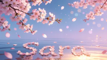 Sara horizontal diseño 9 - Composición serena y onírica con ramas de cerezo en flor (sakura) en la parte superior contra un cielo en degradado de azul suave y lila. Pétalos de color rosa pastel flotan delicadamente en el aire cayendo hacia una superficie de agua tranquila y cristalina. En el centro inferior, el nombre está formado por pétalos de flores con un sutil efecto de relieve 3D y tipografía floral, reflejándose sobre el agua que está iluminada por un cálido destello dorado de luz solar en la esquina inferior derecha.
