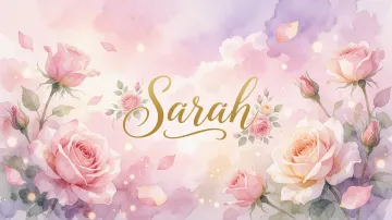 Sarah horizontal diseño 10 - Diseño estilo acuarela con un fondo etéreo y texturizado en nubes de tonos rosa pastel y lila suave. Presenta composiciones de rosas abiertas y capullos en los bordes inferior y superior, con pétalos cayendo delicadamente. Incorpora destellos de luz cálida (efecto bokeh) y, en el centro, resalta una tipografía elegante, cursiva y fluida en color dorado.