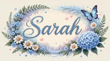 Sarah horizontal diseño 4 - Composición magica con nombre en letra cursiva azul, rodeado de hortensias azules, margaritas blancas y delicadas flores silvestres, enmarcado por suaves remolinos de agua, mariposas azules y destellos estelares sobre un fondo etéreo y romántico.