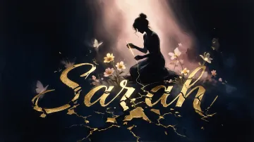 Sarah horizontal diseño 6 - Composición de ilustración semirrealista cinematográfica con silueta femenina tejiendo un hilo dorado de luz sobre un suelo oscuro fracturado al estilo Kintsugi, donde el nombre resalta en un prominente guión caligráfico dorado que emerge de las grietas, rodeado de flores blancas, mariposas y un fondo degradado de azules profundos iluminado por una luz celestial en tonos melocotón y crema, con una frase de aliento en tipografía blanca en la parte inferior.