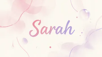 Sarah horizontal diseño 7 - Diseño abstracto en acuarela sobre fondo crema, con manchas fluidas y etéreas en rosa pastel y lila, líneas curvas que aportan movimiento, pequeñas gotas salpicadas cayendo verticalmente y una burbuja translúcida en la parte superior izquierda. El nombre resalta al centro con una tipografía cursiva amplia y elegante en degradado rosa a morado.