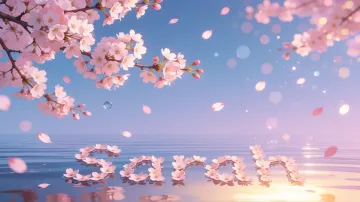 Sarah horizontal diseño 9 - Composición serena y onírica con ramas de cerezo en flor (sakura) en la parte superior contra un cielo en degradado de azul suave y lila. Pétalos de color rosa pastel flotan delicadamente en el aire cayendo hacia una superficie de agua tranquila y cristalina. En el centro inferior, el nombre está formado por pétalos de flores con un sutil efecto de relieve 3D y tipografía floral, reflejándose sobre el agua que está iluminada por un cálido destello dorado de luz solar en la esquina inferior derecha.