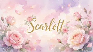 Scarlett horizontal diseño 10 - Diseño estilo acuarela con un fondo etéreo y texturizado en nubes de tonos rosa pastel y lila suave. Presenta composiciones de rosas abiertas y capullos en los bordes inferior y superior, con pétalos cayendo delicadamente. Incorpora destellos de luz cálida (efecto bokeh) y, en el centro, resalta una tipografía elegante, cursiva y fluida en color dorado.