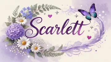 Scarlett horizontal diseño 2 - Diseño elegante de hortensias en tonos lila y morados suaves, con volutas estilizadas y una mariposa mística que aporta un toque etéreo y mágico.