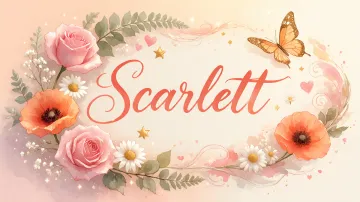 Scarlett horizontal diseño 3 - Elegante composición de rosas rosadas y amapolas naranjas con mariposas doradas brillantes sobre un fondo cálido, romántico y mágico.