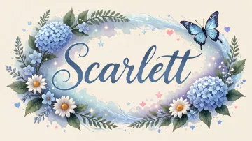 Scarlett horizontal diseño 4 - Composición magica con nombre en letra cursiva azul, rodeado de hortensias azules, margaritas blancas y delicadas flores silvestres, enmarcado por suaves remolinos de agua, mariposas azules y destellos estelares sobre un fondo etéreo y romántico.