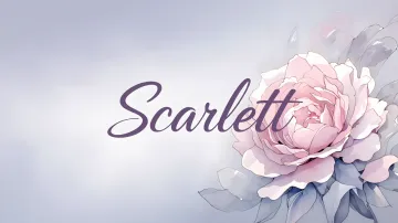 Scarlett horizontal diseño 5 - Nombre en elegante tipografía cursiva caligráfica en tono lavanda, sobre fondo acuarela de cielo nublado en tonos pastel (azul, blanco, lavanda), decorado con rosa en acuarela de pétalos rosa pálido, blanco crema y lilas suaves con hojas en gris-verde.