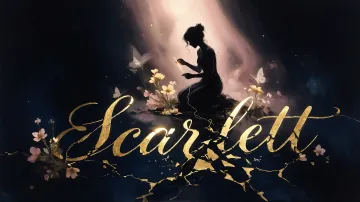 Scarlett horizontal diseño 6 - Composición de ilustración semirrealista cinematográfica con silueta femenina tejiendo un hilo dorado de luz sobre un suelo oscuro fracturado al estilo Kintsugi, donde el nombre resalta en un prominente guión caligráfico dorado que emerge de las grietas, rodeado de flores blancas, mariposas y un fondo degradado de azules profundos iluminado por una luz celestial en tonos melocotón y crema, con una frase de aliento en tipografía blanca en la parte inferior.