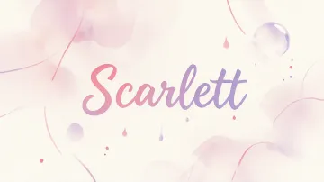 Scarlett horizontal diseño 7 - Diseño abstracto en acuarela sobre fondo crema, con manchas fluidas y etéreas en rosa pastel y lila, líneas curvas que aportan movimiento, pequeñas gotas salpicadas cayendo verticalmente y una burbuja translúcida en la parte superior izquierda. El nombre resalta al centro con una tipografía cursiva amplia y elegante en degradado rosa a morado.