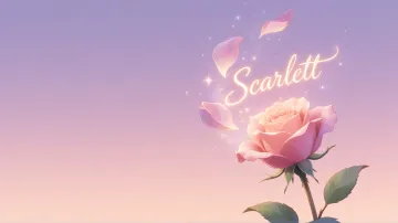 Scarlett horizontal diseño 8 - Fondo de Pantalla con degradado suave que transiciona de lila en la parte superior a melocotón y rosa pastel en la base, destacando una rosa rosada hiperrealista con tallo y hojas verdes. El nombre brilla en tipografía cursiva con efecto neón cálido, adornado con pétalos cayendo y chispas de luz mágica.