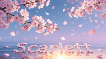 Scarlett horizontal diseño 9 - Composición serena y onírica con ramas de cerezo en flor (sakura) en la parte superior contra un cielo en degradado de azul suave y lila. Pétalos de color rosa pastel flotan delicadamente en el aire cayendo hacia una superficie de agua tranquila y cristalina. En el centro inferior, el nombre está formado por pétalos de flores con un sutil efecto de relieve 3D y tipografía floral, reflejándose sobre el agua que está iluminada por un cálido destello dorado de luz solar en la esquina inferior derecha.