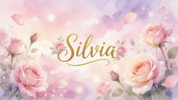 Silvia horizontal diseño 10 - Diseño estilo acuarela con un fondo etéreo y texturizado en nubes de tonos rosa pastel y lila suave. Presenta composiciones de rosas abiertas y capullos en los bordes inferior y superior, con pétalos cayendo delicadamente. Incorpora destellos de luz cálida (efecto bokeh) y, en el centro, resalta una tipografía elegante, cursiva y fluida en color dorado.