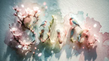 Silvia horizontal diseño 11 - Un delicado diseño de estilo acuarela digital que combina una tipografía de caligrafía personalizada para el nombre en tonos dorados y rosados suaves, adornada con pequeñas hojas y brotes. Un pajarito azul y naranja vibrante está posado en una de las letras. Todo está rodeado por un marco circular de ramas de cerezo en flor con delicadas flores rosadas y blancas. El fondo es un lavado de acuarela difuminado en tonos pastel suaves de azul cerceta, rosa rubor y melocotón sobre una textura de papel rugoso, con destellos luminosos y motas de luz bokeh flotando alrededor, creando una atmósfera mágica y soñadora. Las sombras suaves proyectadas añaden profundidad.