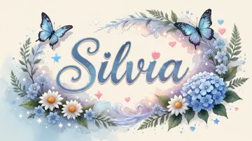 Silvia horizontal diseño 4 - Composición magica con nombre en letra cursiva azul, rodeado de hortensias azules, margaritas blancas y delicadas flores silvestres, enmarcado por suaves remolinos de agua, mariposas azules y destellos estelares sobre un fondo etéreo y romántico.
