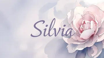 Silvia horizontal diseño 5 - Nombre en elegante tipografía cursiva caligráfica en tono lavanda, sobre fondo acuarela de cielo nublado en tonos pastel (azul, blanco, lavanda), decorado con rosa en acuarela de pétalos rosa pálido, blanco crema y lilas suaves con hojas en gris-verde.