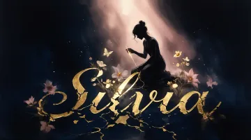 Silvia horizontal diseño 6 - Composición de ilustración semirrealista cinematográfica con silueta femenina tejiendo un hilo dorado de luz sobre un suelo oscuro fracturado al estilo Kintsugi, donde el nombre resalta en un prominente guión caligráfico dorado que emerge de las grietas, rodeado de flores blancas, mariposas y un fondo degradado de azules profundos iluminado por una luz celestial en tonos melocotón y crema, con una frase de aliento en tipografía blanca en la parte inferior.