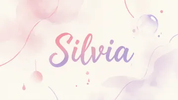 Silvia horizontal diseño 7 - Diseño abstracto en acuarela sobre fondo crema, con manchas fluidas y etéreas en rosa pastel y lila, líneas curvas que aportan movimiento, pequeñas gotas salpicadas cayendo verticalmente y una burbuja translúcida en la parte superior izquierda. El nombre resalta al centro con una tipografía cursiva amplia y elegante en degradado rosa a morado.