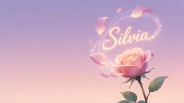 Silvia horizontal diseño 8 - Fondo de Pantalla con degradado suave que transiciona de lila en la parte superior a melocotón y rosa pastel en la base, destacando una rosa rosada hiperrealista con tallo y hojas verdes. El nombre brilla en tipografía cursiva con efecto neón cálido, adornado con pétalos cayendo y chispas de luz mágica.