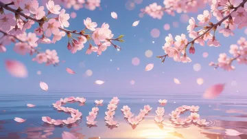 Silvia horizontal diseño 9 - Composición serena y onírica con ramas de cerezo en flor (sakura) en la parte superior contra un cielo en degradado de azul suave y lila. Pétalos de color rosa pastel flotan delicadamente en el aire cayendo hacia una superficie de agua tranquila y cristalina. En el centro inferior, el nombre está formado por pétalos de flores con un sutil efecto de relieve 3D y tipografía floral, reflejándose sobre el agua que está iluminada por un cálido destello dorado de luz solar en la esquina inferior derecha.