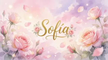 Sofia horizontal diseño 10 - Diseño estilo acuarela con un fondo etéreo y texturizado en nubes de tonos rosa pastel y lila suave. Presenta composiciones de rosas abiertas y capullos en los bordes inferior y superior, con pétalos cayendo delicadamente. Incorpora destellos de luz cálida (efecto bokeh) y, en el centro, resalta una tipografía elegante, cursiva y fluida en color dorado.