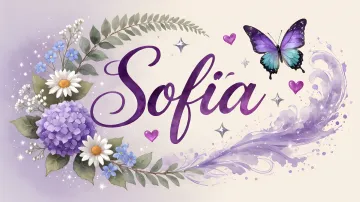 Sofia horizontal diseño 2 - Diseño elegante de hortensias en tonos lila y morados suaves, con volutas estilizadas y una mariposa mística que aporta un toque etéreo y mágico.