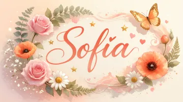 Sofia horizontal diseño 3 - Elegante composición de rosas rosadas y amapolas naranjas con mariposas doradas brillantes sobre un fondo cálido, romántico y mágico.