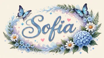 Sofia horizontal diseño 4 - Composición magica con nombre en letra cursiva azul, rodeado de hortensias azules, margaritas blancas y delicadas flores silvestres, enmarcado por suaves remolinos de agua, mariposas azules y destellos estelares sobre un fondo etéreo y romántico.