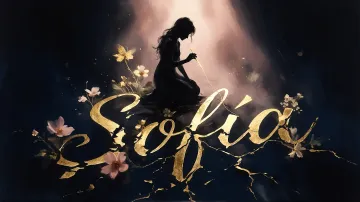 Sofia horizontal diseño 6 - Composición de ilustración semirrealista cinematográfica con silueta femenina tejiendo un hilo dorado de luz sobre un suelo oscuro fracturado al estilo Kintsugi, donde el nombre resalta en un prominente guión caligráfico dorado que emerge de las grietas, rodeado de flores blancas, mariposas y un fondo degradado de azules profundos iluminado por una luz celestial en tonos melocotón y crema, con una frase de aliento en tipografía blanca en la parte inferior.