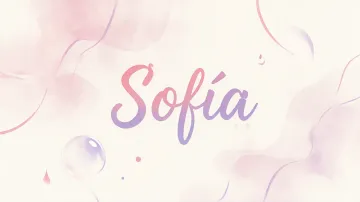 Sofia horizontal diseño 7 - Diseño abstracto en acuarela sobre fondo crema, con manchas fluidas y etéreas en rosa pastel y lila, líneas curvas que aportan movimiento, pequeñas gotas salpicadas cayendo verticalmente y una burbuja translúcida en la parte superior izquierda. El nombre resalta al centro con una tipografía cursiva amplia y elegante en degradado rosa a morado.