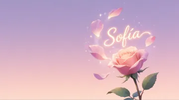Sofia horizontal diseño 8 - Fondo de Pantalla con degradado suave que transiciona de lila en la parte superior a melocotón y rosa pastel en la base, destacando una rosa rosada hiperrealista con tallo y hojas verdes. El nombre brilla en tipografía cursiva con efecto neón cálido, adornado con pétalos cayendo y chispas de luz mágica.