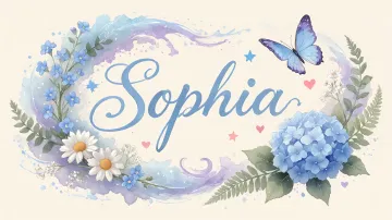 Sophia horizontal diseño 1 - Hortensias azules, flores pequeñas y acuarela suave con mariposas azules y brillo etéreo