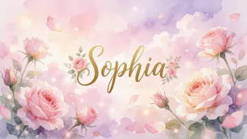 Sophia horizontal diseño 10 - Diseño estilo acuarela con un fondo etéreo y texturizado en nubes de tonos rosa pastel y lila suave. Presenta composiciones de rosas abiertas y capullos en los bordes inferior y superior, con pétalos cayendo delicadamente. Incorpora destellos de luz cálida (efecto bokeh) y, en el centro, resalta una tipografía elegante, cursiva y fluida en color dorado.