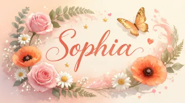 Sophia horizontal diseño 3 - Elegante composición de rosas rosadas y amapolas naranjas con mariposas doradas brillantes sobre un fondo cálido, romántico y mágico.