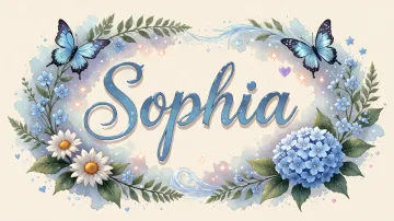 Sophia horizontal diseño 4 - Composición magica con nombre en letra cursiva azul, rodeado de hortensias azules, margaritas blancas y delicadas flores silvestres, enmarcado por suaves remolinos de agua, mariposas azules y destellos estelares sobre un fondo etéreo y romántico.
