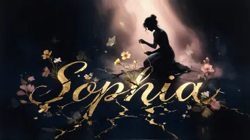 Sophia horizontal diseño 6 - Composición de ilustración semirrealista cinematográfica con silueta femenina tejiendo un hilo dorado de luz sobre un suelo oscuro fracturado al estilo Kintsugi, donde el nombre resalta en un prominente guión caligráfico dorado que emerge de las grietas, rodeado de flores blancas, mariposas y un fondo degradado de azules profundos iluminado por una luz celestial en tonos melocotón y crema, con una frase de aliento en tipografía blanca en la parte inferior.