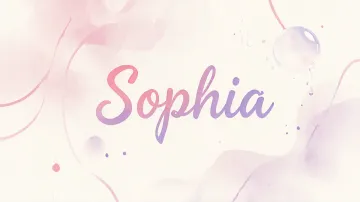 Sophia horizontal diseño 7 - Diseño abstracto en acuarela sobre fondo crema, con manchas fluidas y etéreas en rosa pastel y lila, líneas curvas que aportan movimiento, pequeñas gotas salpicadas cayendo verticalmente y una burbuja translúcida en la parte superior izquierda. El nombre resalta al centro con una tipografía cursiva amplia y elegante en degradado rosa a morado.