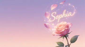 Sophia horizontal diseño 8 - Fondo de Pantalla con degradado suave que transiciona de lila en la parte superior a melocotón y rosa pastel en la base, destacando una rosa rosada hiperrealista con tallo y hojas verdes. El nombre brilla en tipografía cursiva con efecto neón cálido, adornado con pétalos cayendo y chispas de luz mágica.