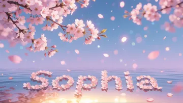 Sophia horizontal diseño 9 - Composición serena y onírica con ramas de cerezo en flor (sakura) en la parte superior contra un cielo en degradado de azul suave y lila. Pétalos de color rosa pastel flotan delicadamente en el aire cayendo hacia una superficie de agua tranquila y cristalina. En el centro inferior, el nombre está formado por pétalos de flores con un sutil efecto de relieve 3D y tipografía floral, reflejándose sobre el agua que está iluminada por un cálido destello dorado de luz solar en la esquina inferior derecha.